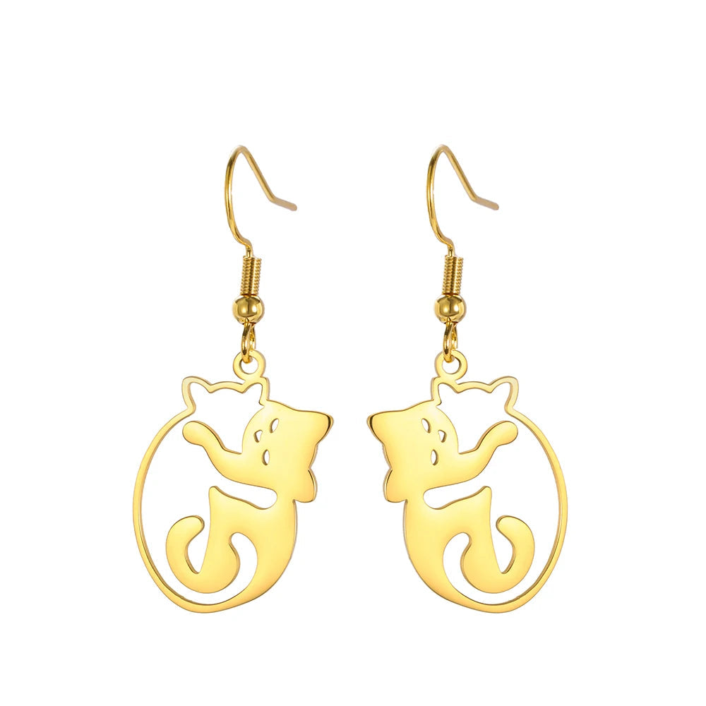 Cat Hug Drop Earrings — Stainless Steel