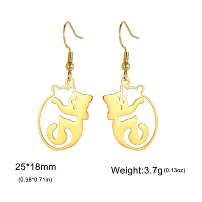 Cat Hug Drop Earrings — Stainless Steel