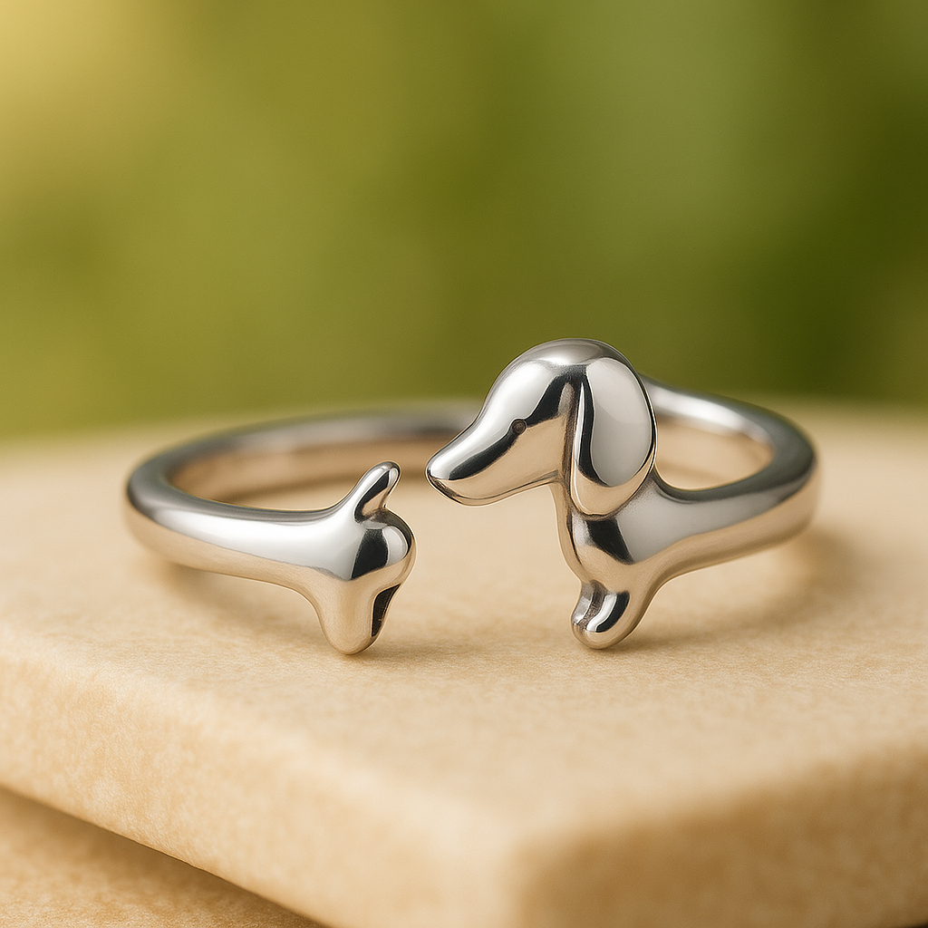 Dachshund Hug Adjustable Ring — Silver-Tone
